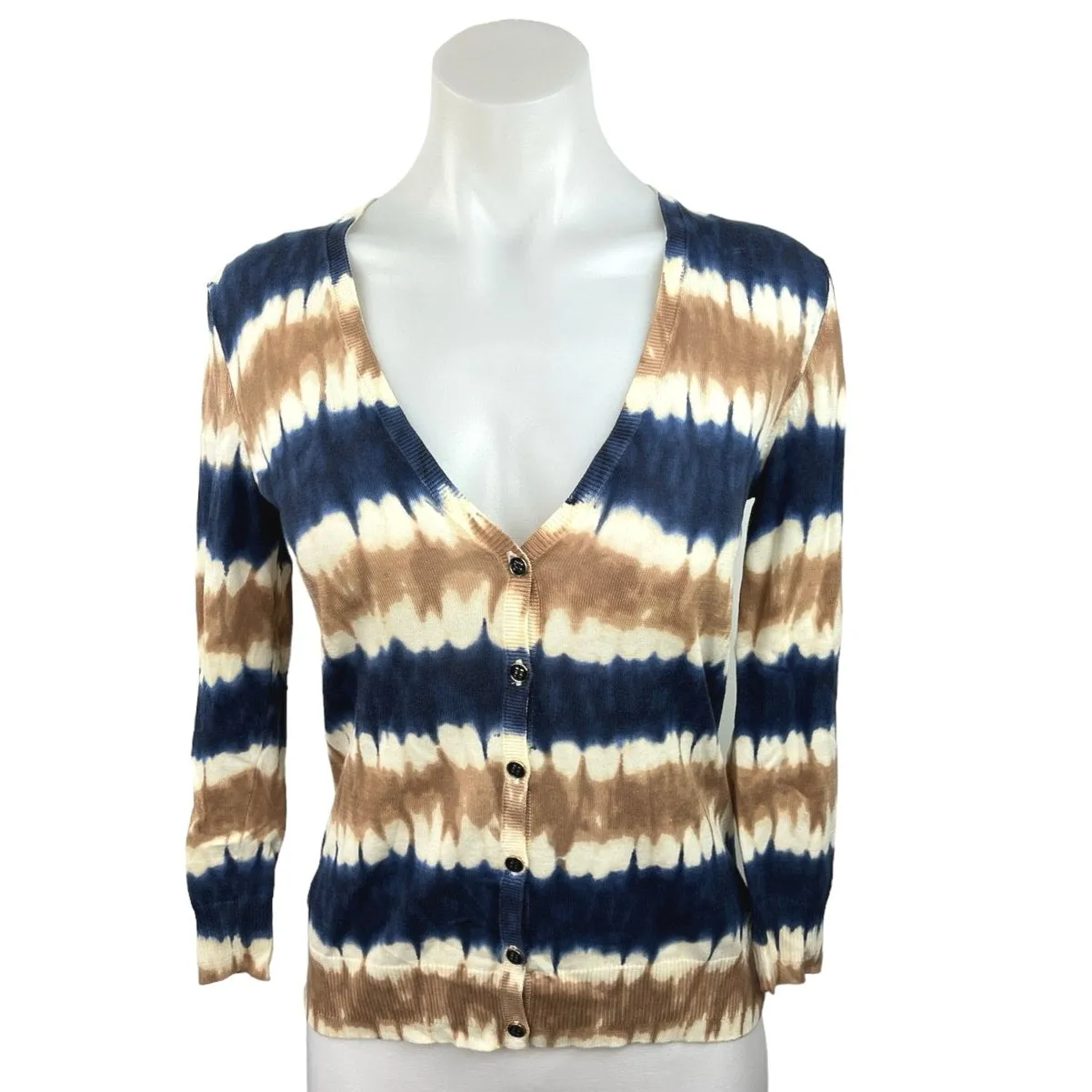 Tory Burch Beige Blue Striped Tie Dye V Neck Button Down Cardigan Sweater Sz XS