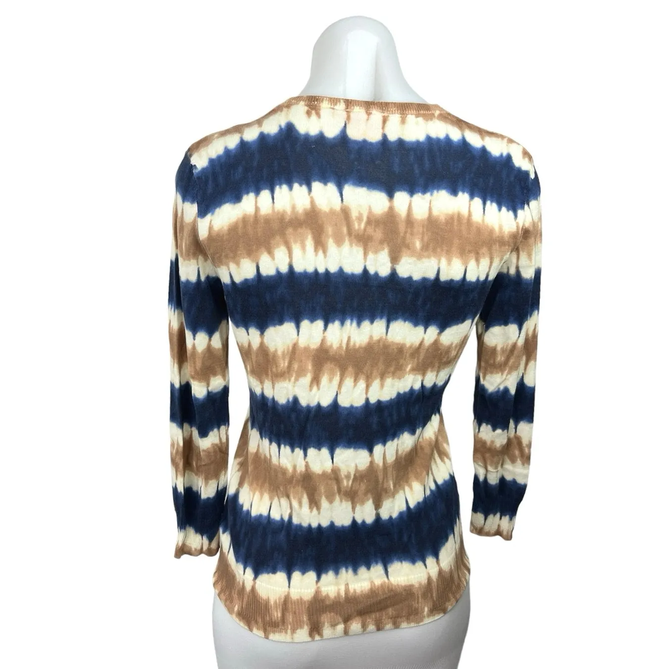 Tory Burch Beige Blue Striped Tie Dye V Neck Button Down Cardigan Sweater Sz XS