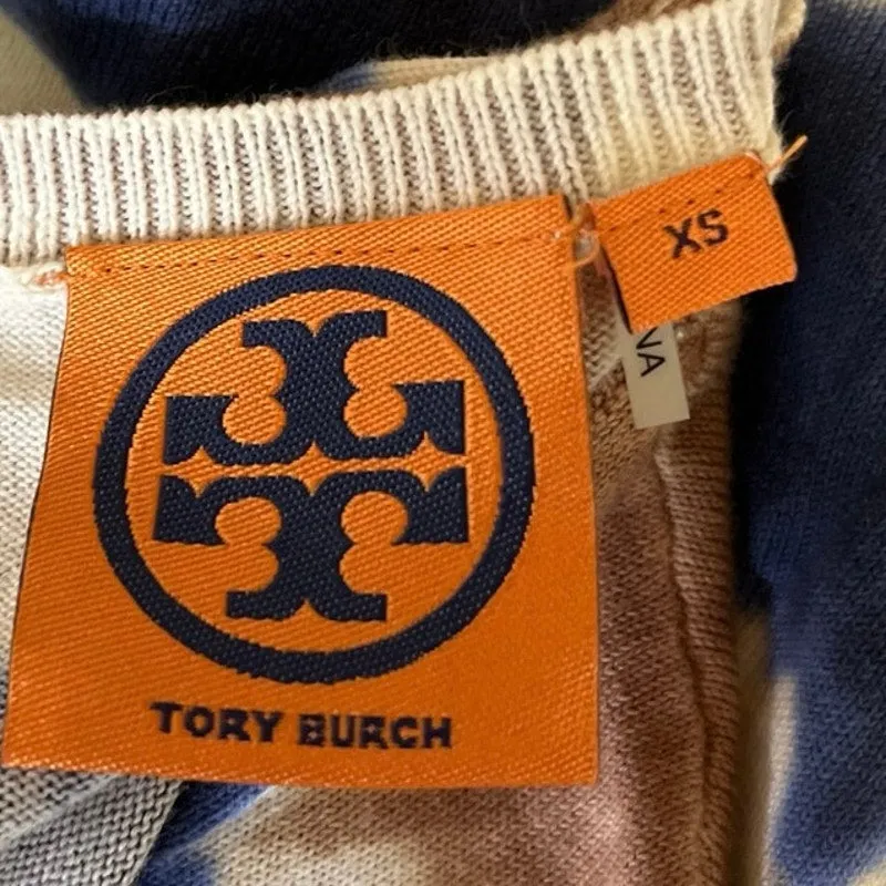 Tory Burch Beige Blue Striped Tie Dye V Neck Button Down Cardigan Sweater Sz XS