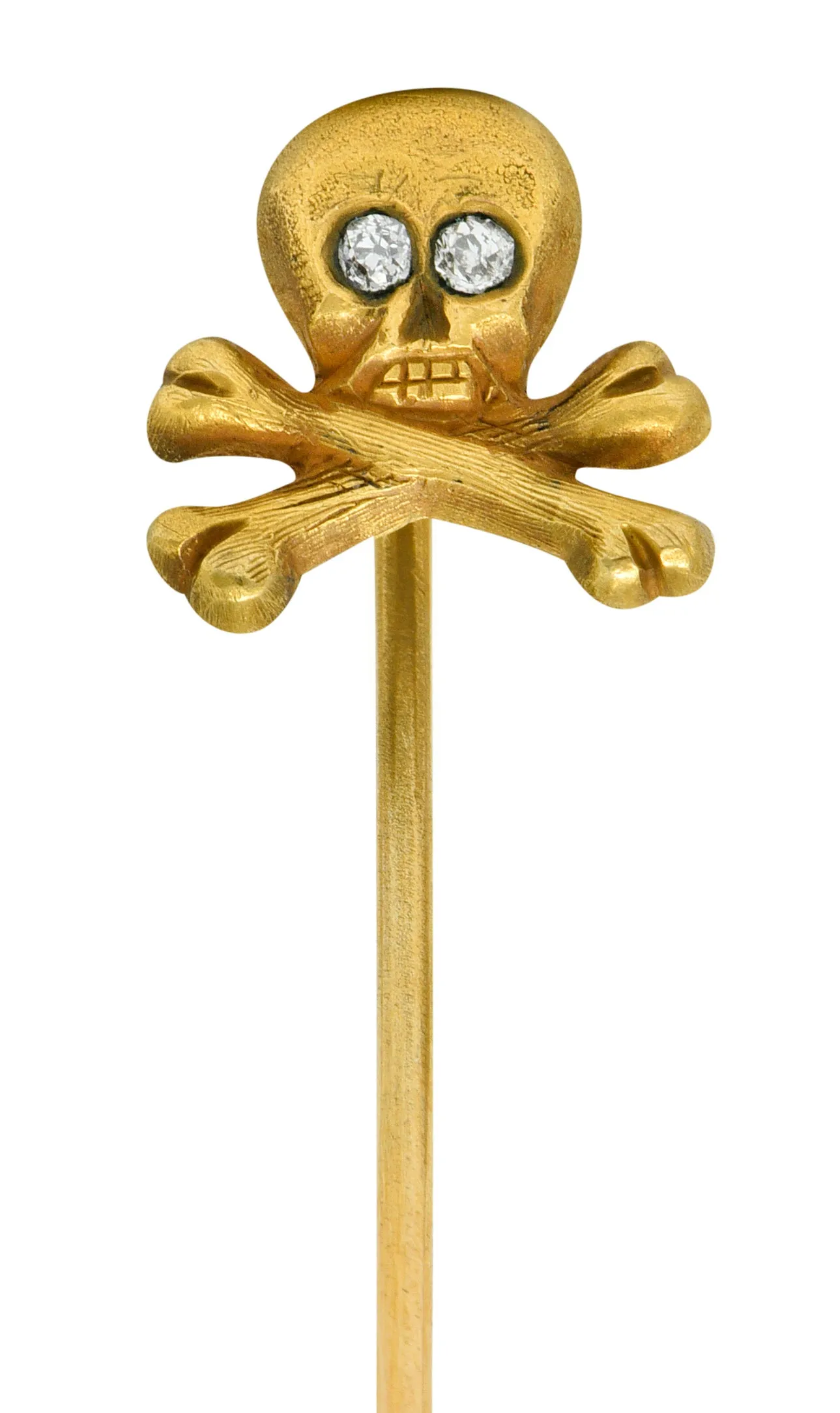 Victorian Old European Cut Diamond 14 Karat Gold Skull Crossbones Stickpin