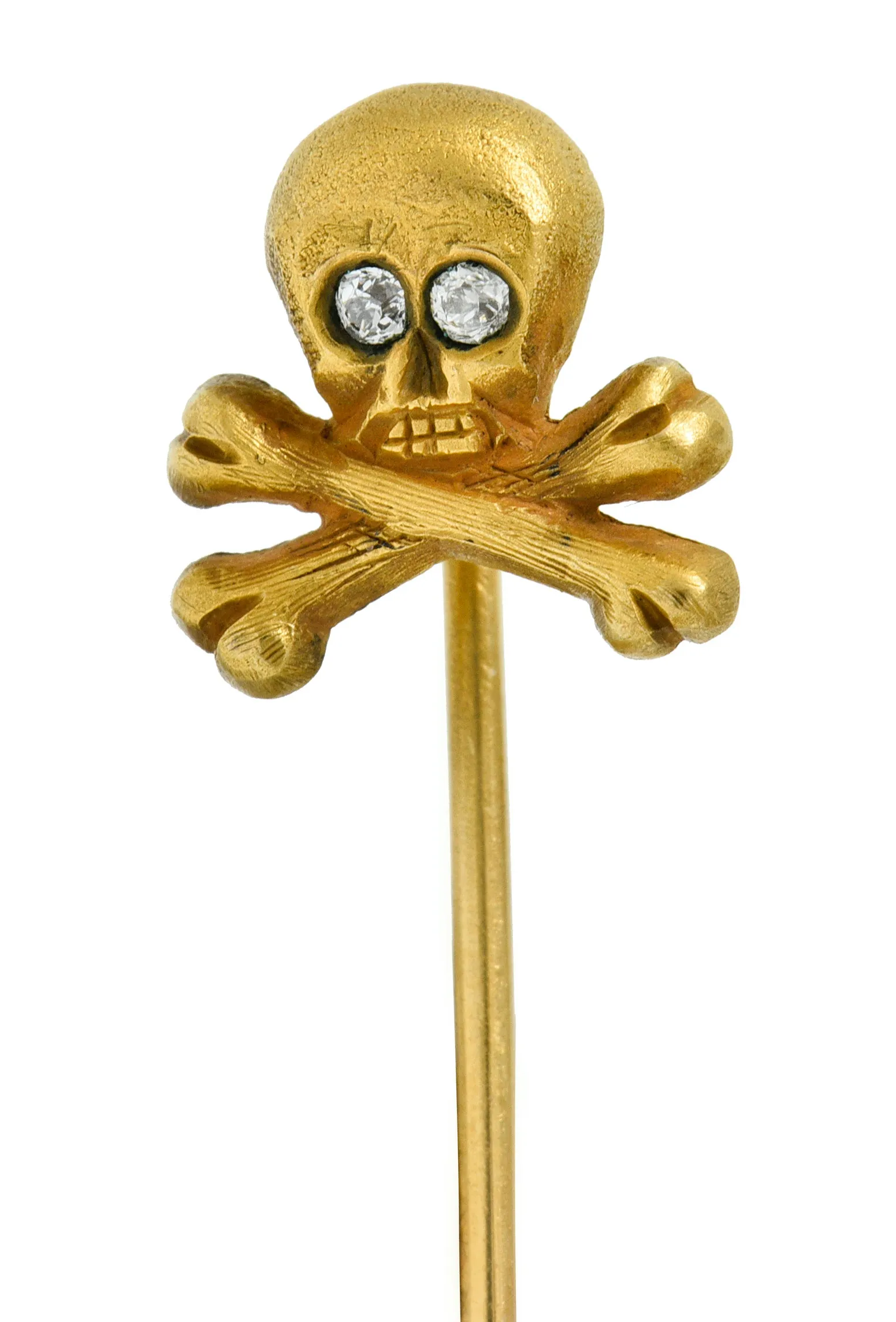 Victorian Old European Cut Diamond 14 Karat Gold Skull Crossbones Stickpin