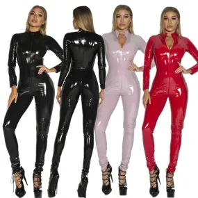 Wet Look Shiny PU Faux Leather Jumpsuit Suit Long Sleeve Zipper