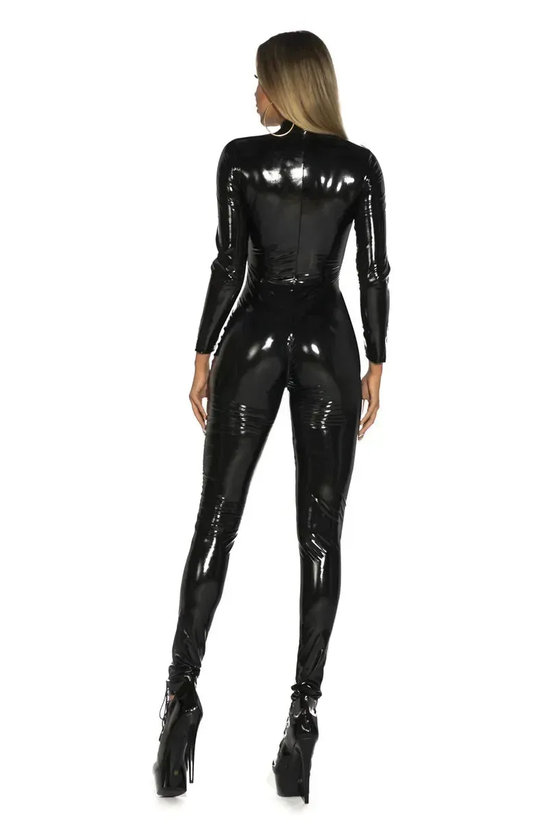 Wet Look Shiny PU Faux Leather Jumpsuit Suit Long Sleeve Zipper