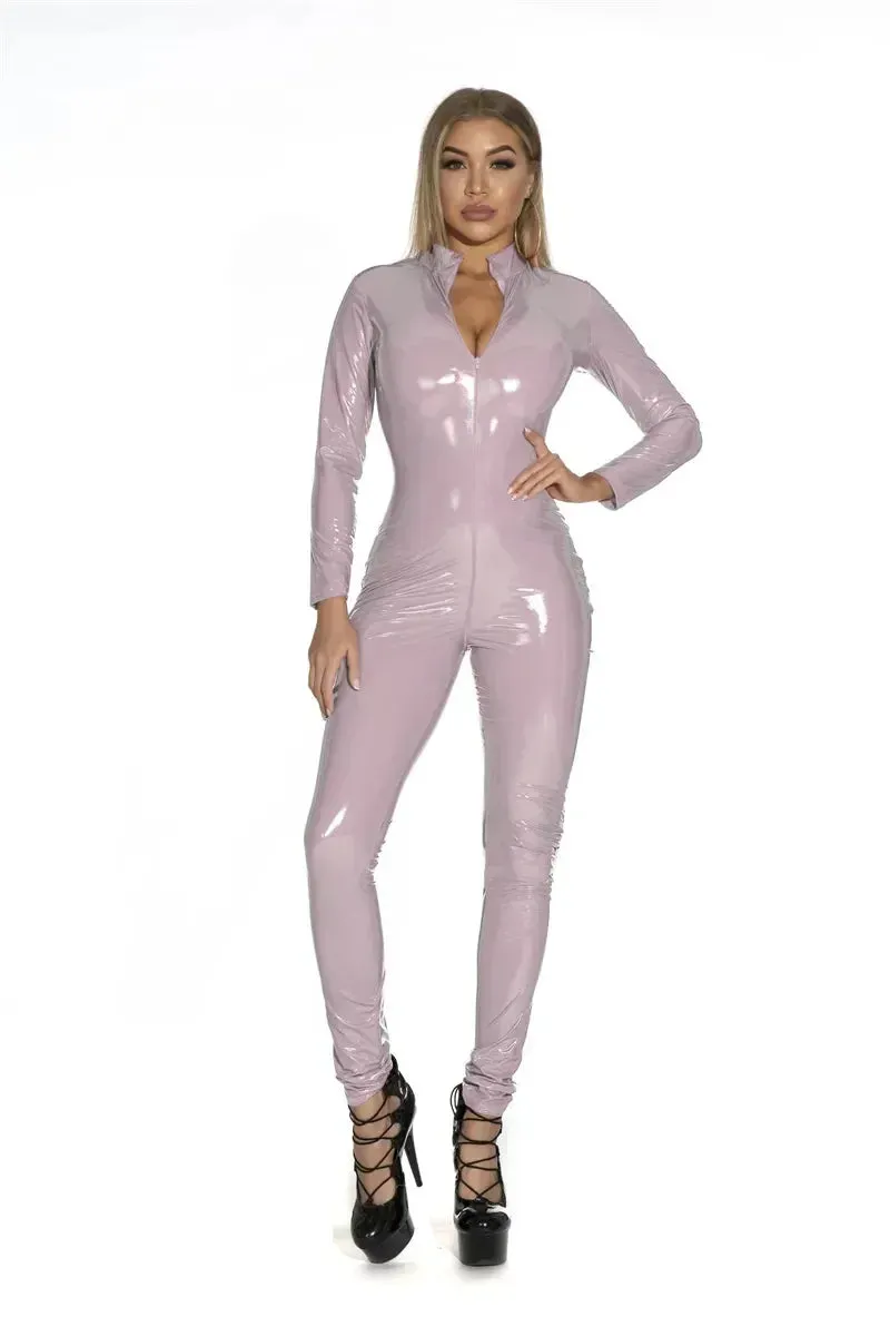 Wet Look Shiny PU Faux Leather Jumpsuit Suit Long Sleeve Zipper