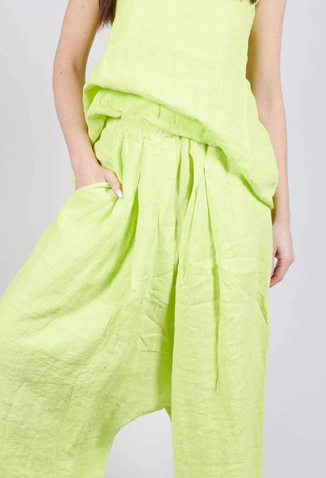 Wide Leg Drop Crotch Linen Trousers in Sun