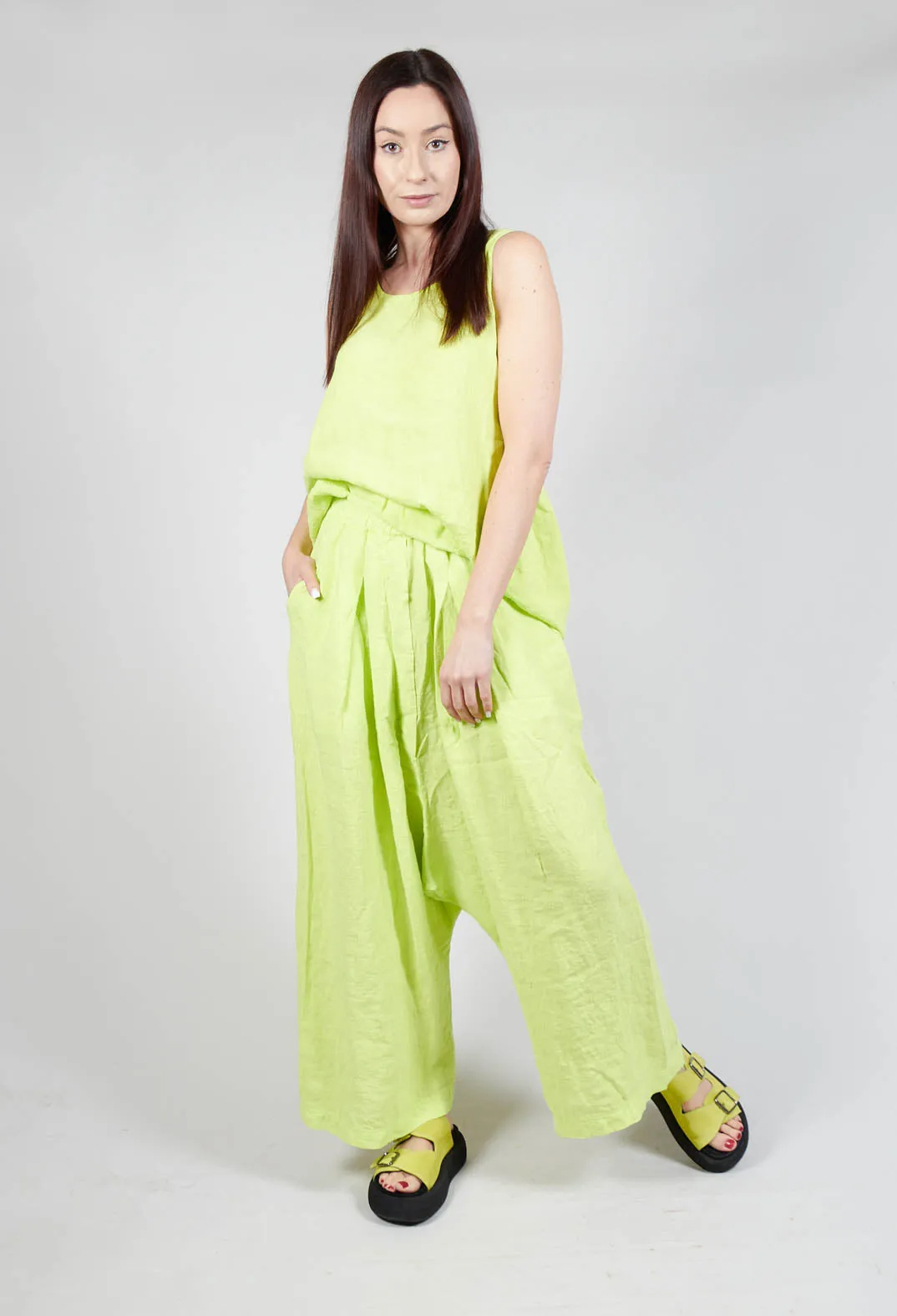 Wide Leg Drop Crotch Linen Trousers in Sun