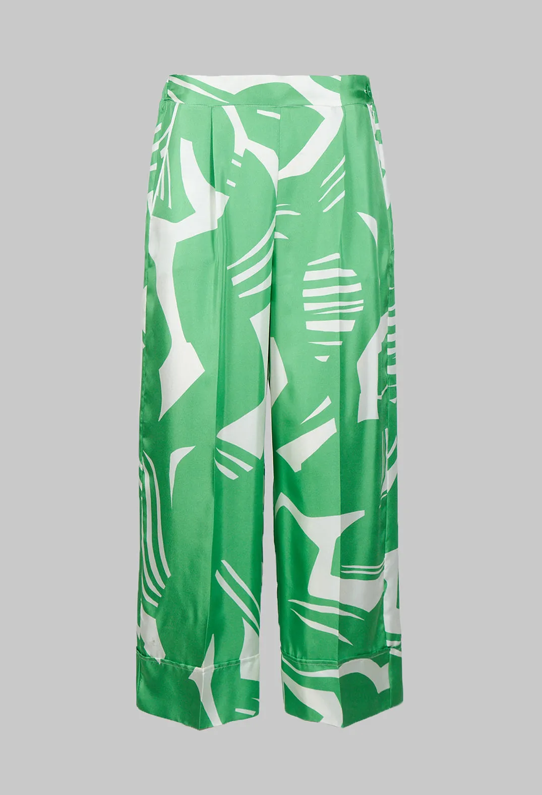 Wide Leg Silk Trousers in Green Macro Print