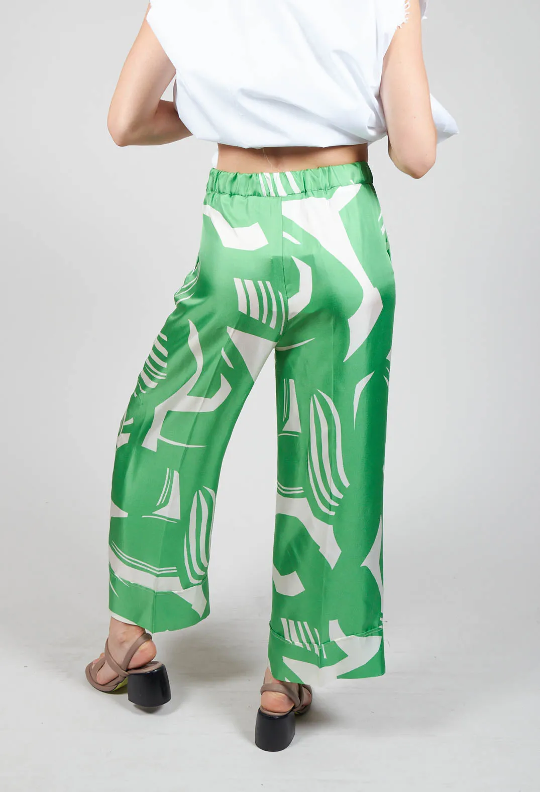 Wide Leg Silk Trousers in Green Macro Print