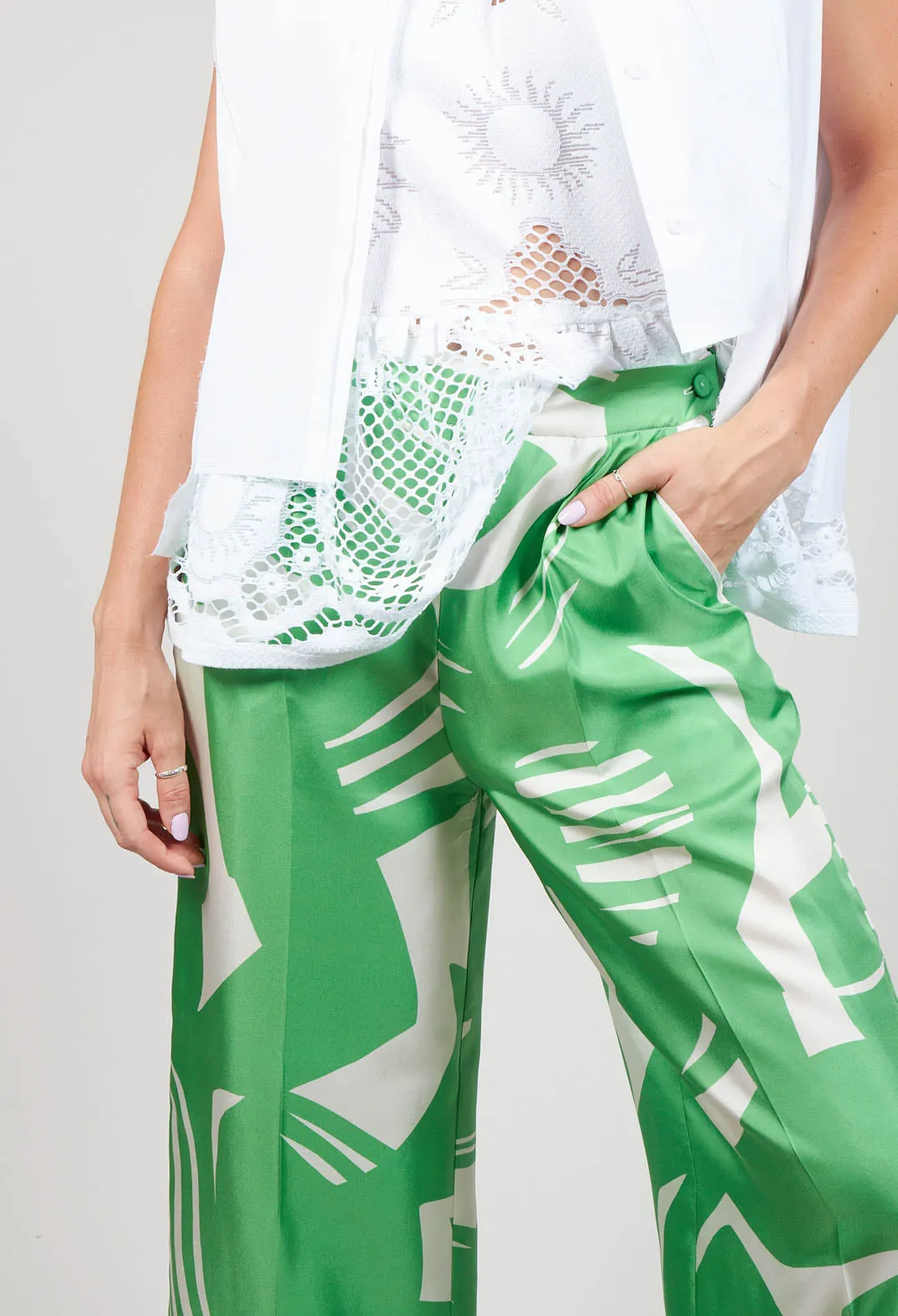 Wide Leg Silk Trousers in Green Macro Print