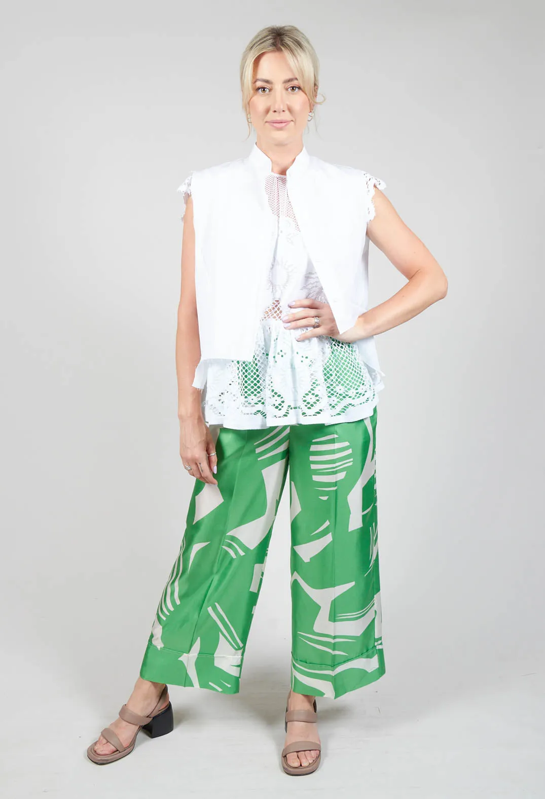 Wide Leg Silk Trousers in Green Macro Print