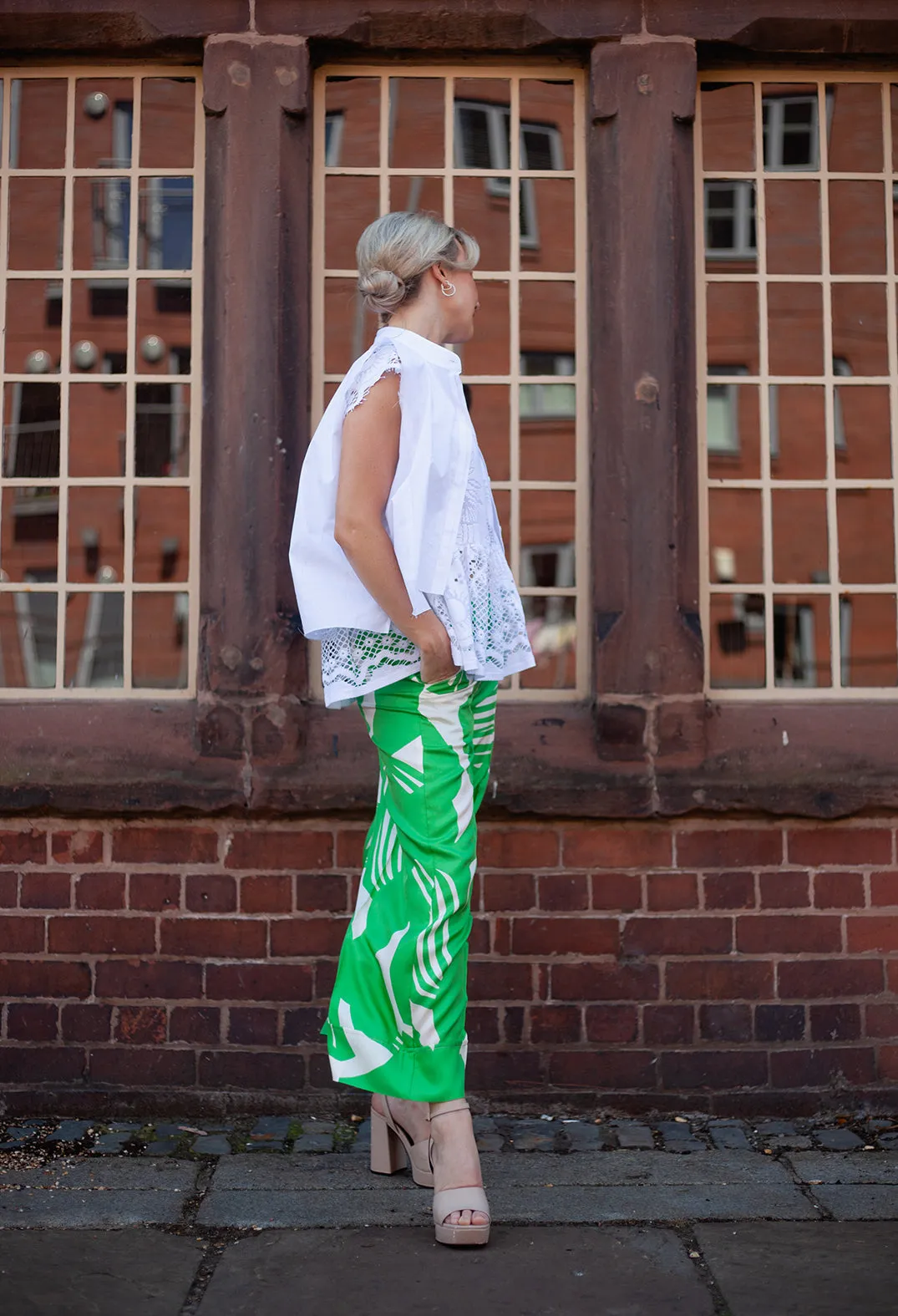 Wide Leg Silk Trousers in Green Macro Print