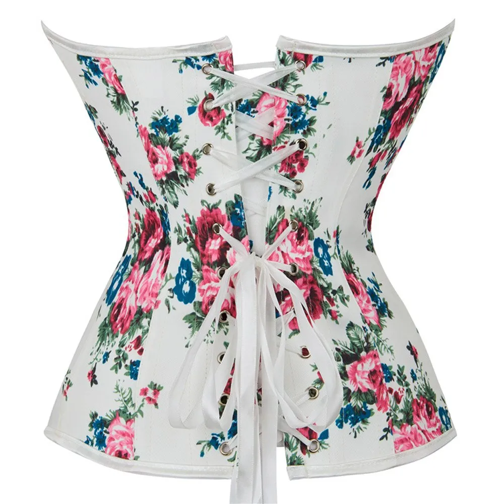 Women Floral Print Boned Lace Up Waist Training Cincher Overbust Corsets Buckle up Bustier Lingereie Corcelet