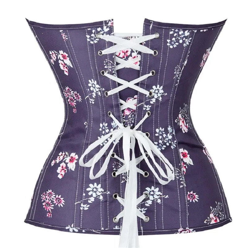 Women Purple Floral Print Lace Up Waist Training Cincher Overbust Corsets Buckle up Bustier Lingereie Gothic Corcelet