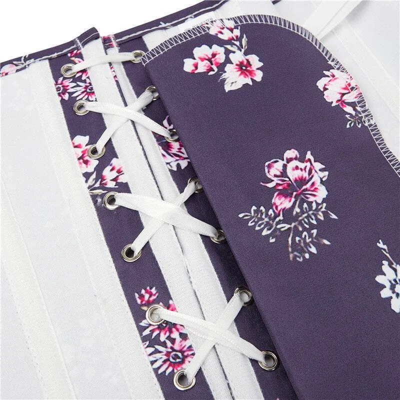 Women Purple Floral Print Lace Up Waist Training Cincher Overbust Corsets Buckle up Bustier Lingereie Gothic Corcelet