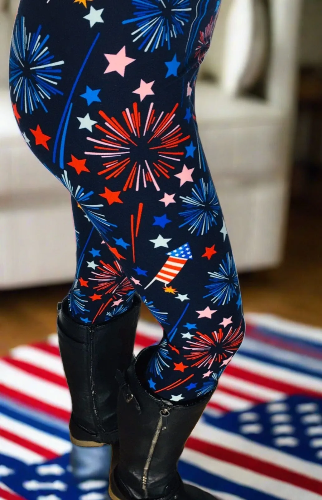 Womens American Flag Sparkles Leggings, Patriotic 4th of July Pants, Sizes 0-18, No-Roll Waist, Red/White/Blue