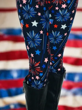 Womens American Flag Sparkles Leggings, Patriotic 4th of July Pants, Sizes 0-18, No-Roll Waist, Red/White/Blue