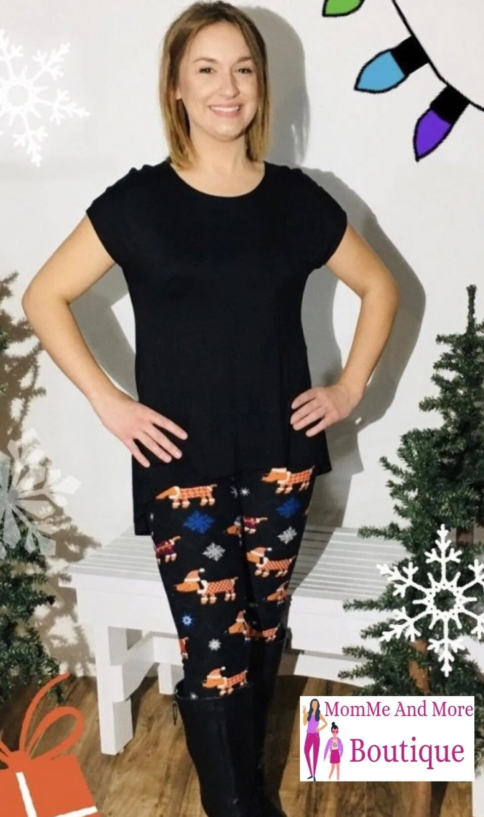 Womens Christmas Dachshund Dog Leggings, Soft Yoga Pants, Sizes 0-18, No Roll Waist, Black/White