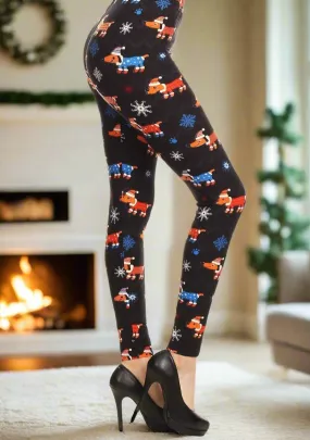 Womens Christmas Dachshund Dog Leggings, Soft Yoga Pants, Sizes 0-18, No Roll Waist, Black/White