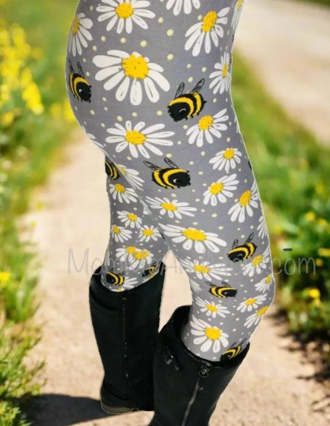 Womens Daisy Bee Leggings, Soft Yoga Pants, Sizes 0-20, Yoga Waist, Gray/Yellow