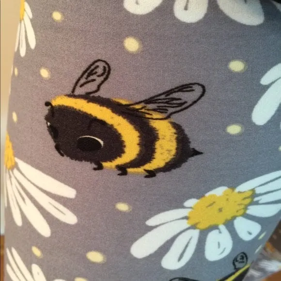 Womens Daisy Bee Leggings, Soft Yoga Pants, Sizes 0-20, Yoga Waist, Gray/Yellow