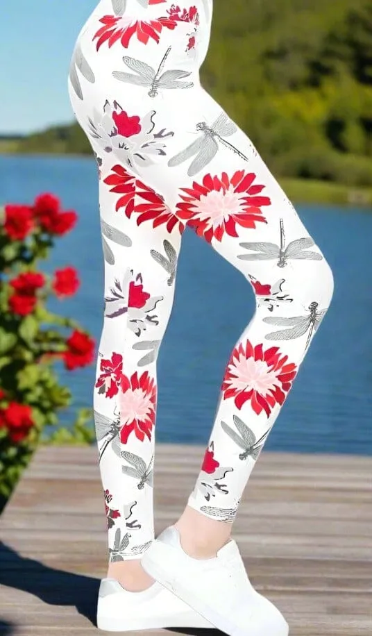 Womens Dragonfly Leggings, Soft Yoga Pants, Sizes 2-20, White/Red/Gray, Yoga Waist