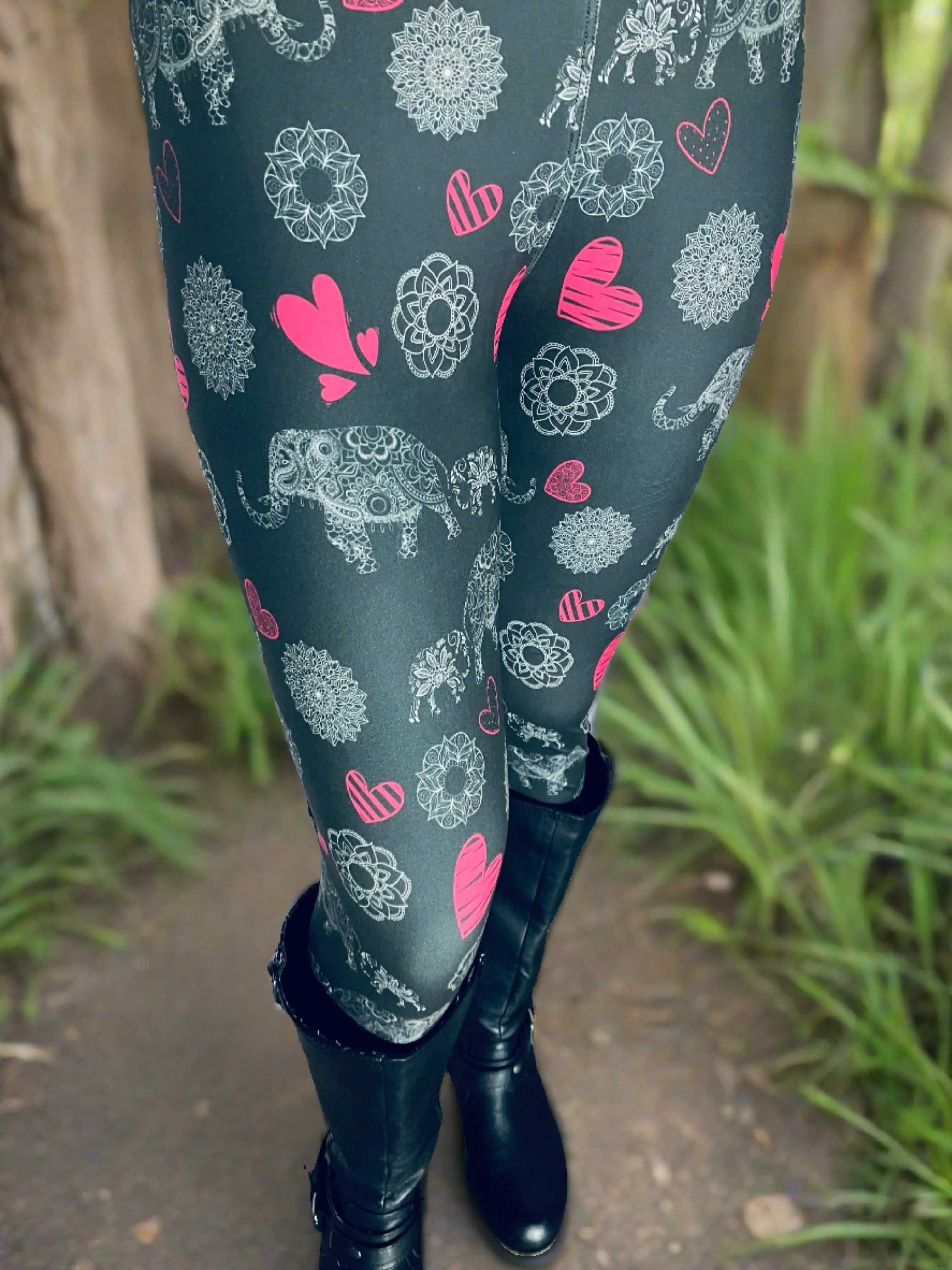 Womens Elephant Heart Leggings, Soft Yoga Pants, Sizes 0-22, Yoga Waist, Gray/Pink, Exclusive Leggings