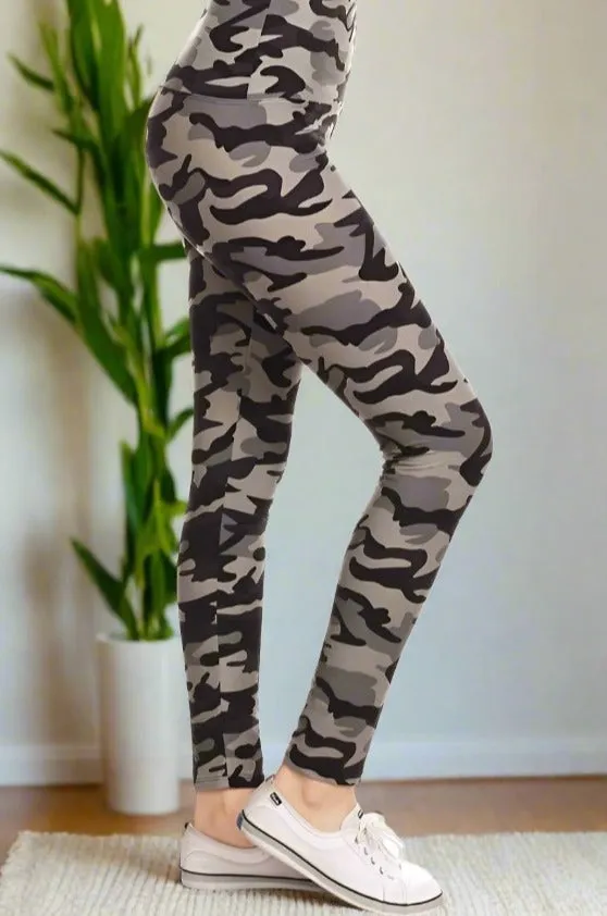 Womens Gray Camouflage Leggings, Soft Yoga Pants, Sizes 0-20, Yoga Waist, Gray