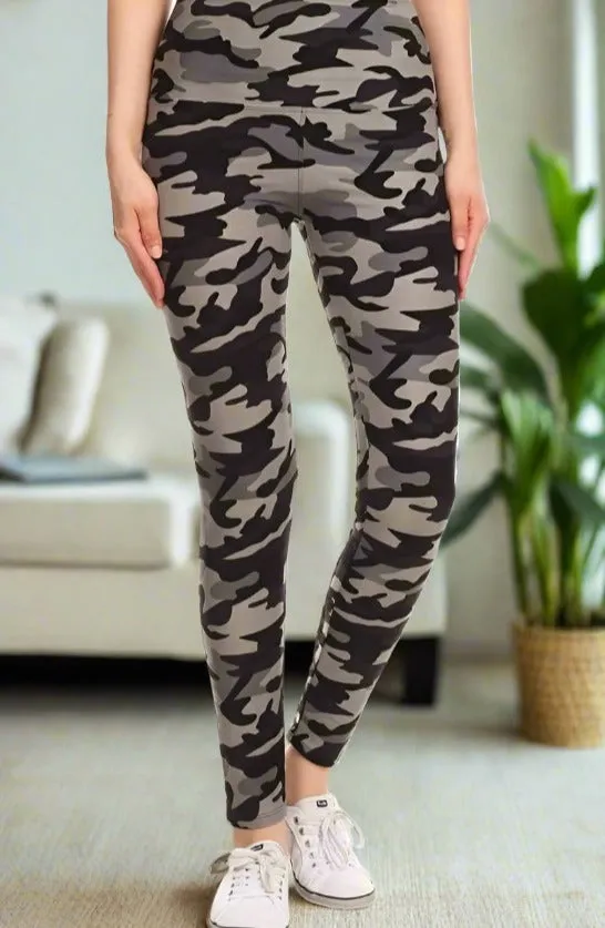 Womens Gray Camouflage Leggings, Soft Yoga Pants, Sizes 0-20, Yoga Waist, Gray