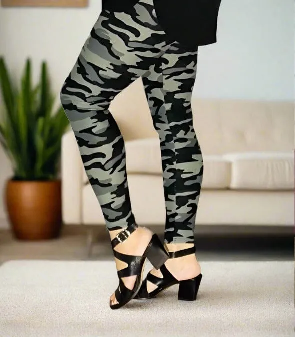 Womens Gray Camouflage Leggings, Soft Yoga Pants, Sizes 0-20, Yoga Waist, Gray