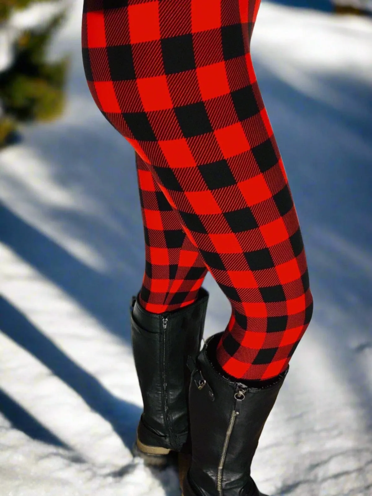 Womens Red Plaid Legging, Soft Yoga Pants, Sizes 0-22, No Roll Waist, Red/Black