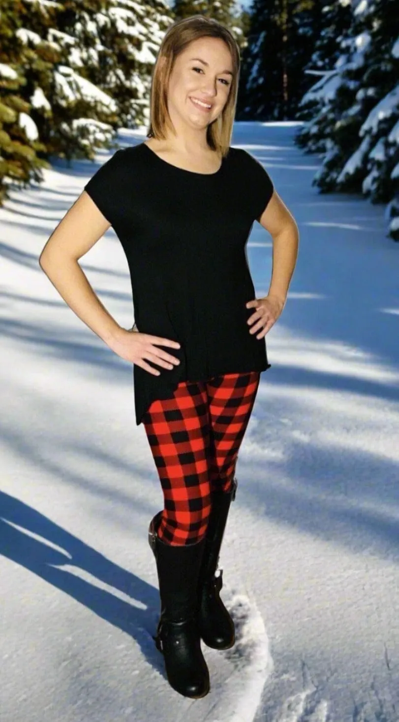 Womens Red Plaid Legging, Soft Yoga Pants, Sizes 0-22, No Roll Waist, Red/Black