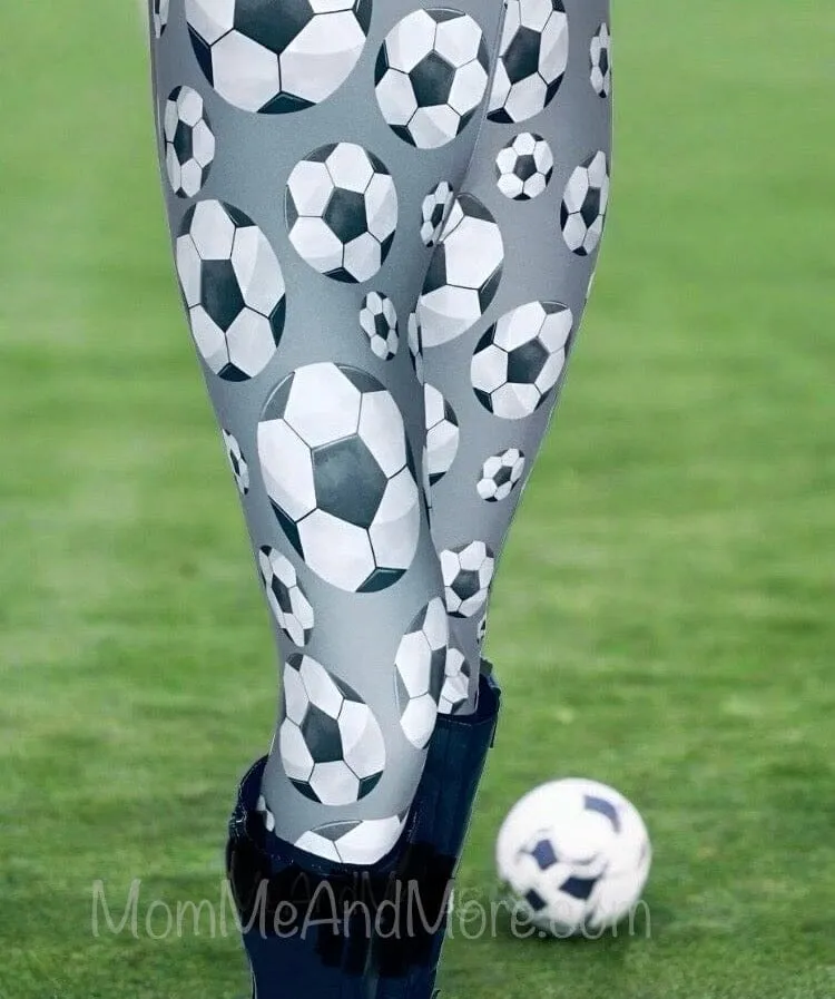 Womens Soccer Ball Leggings Soft Yoga Pants  Sizes 0-20 Gray/White