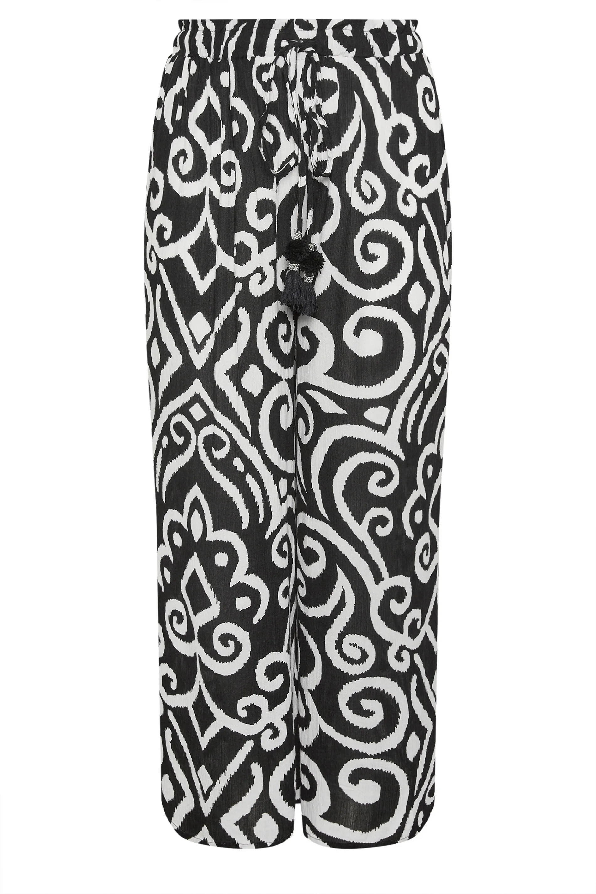 YOURS Curve Black Abstract Print Crinkle Tassel Trousers