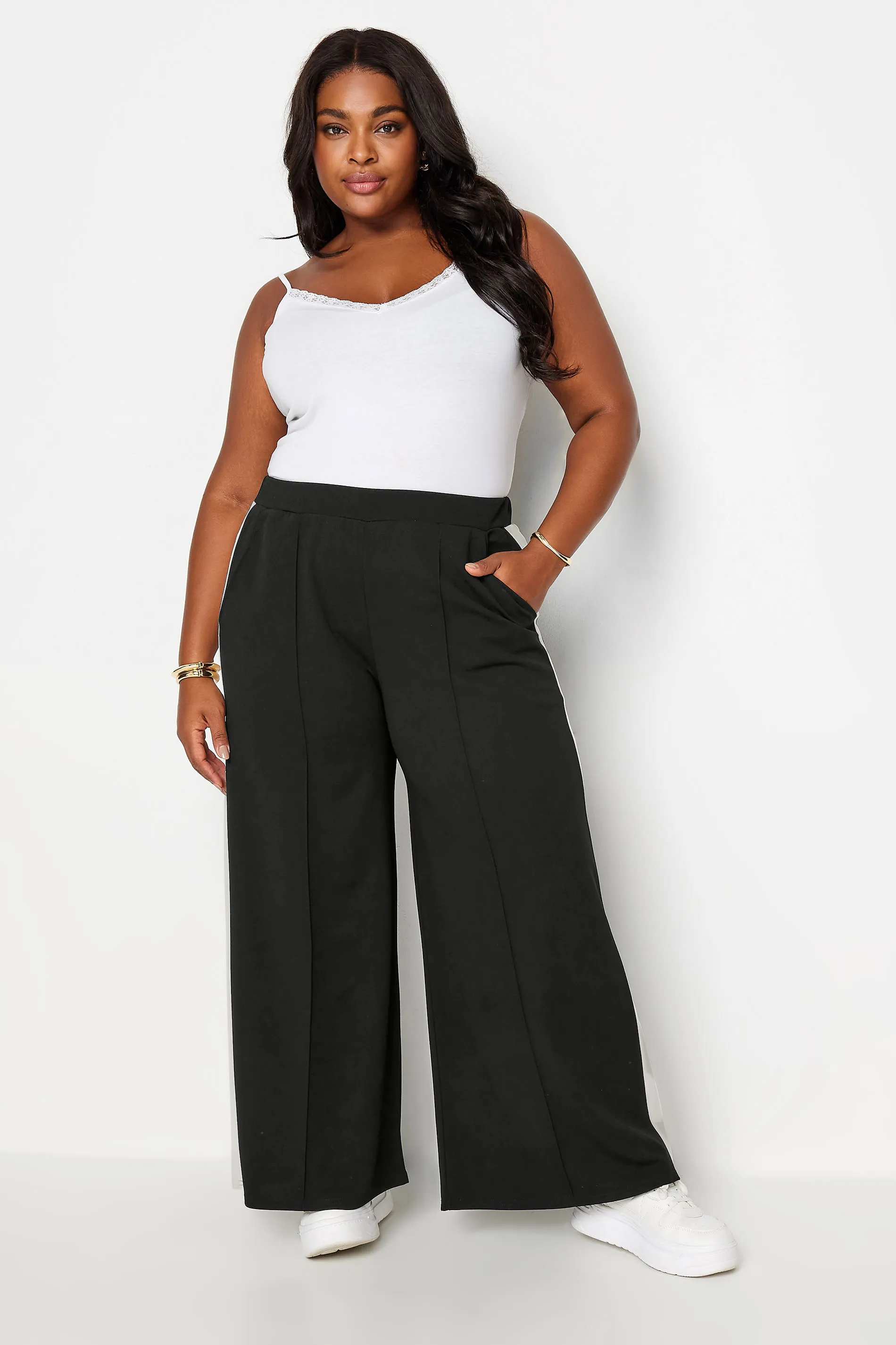 YOURS Curve Black Side Stripe Wide Leg Trousers