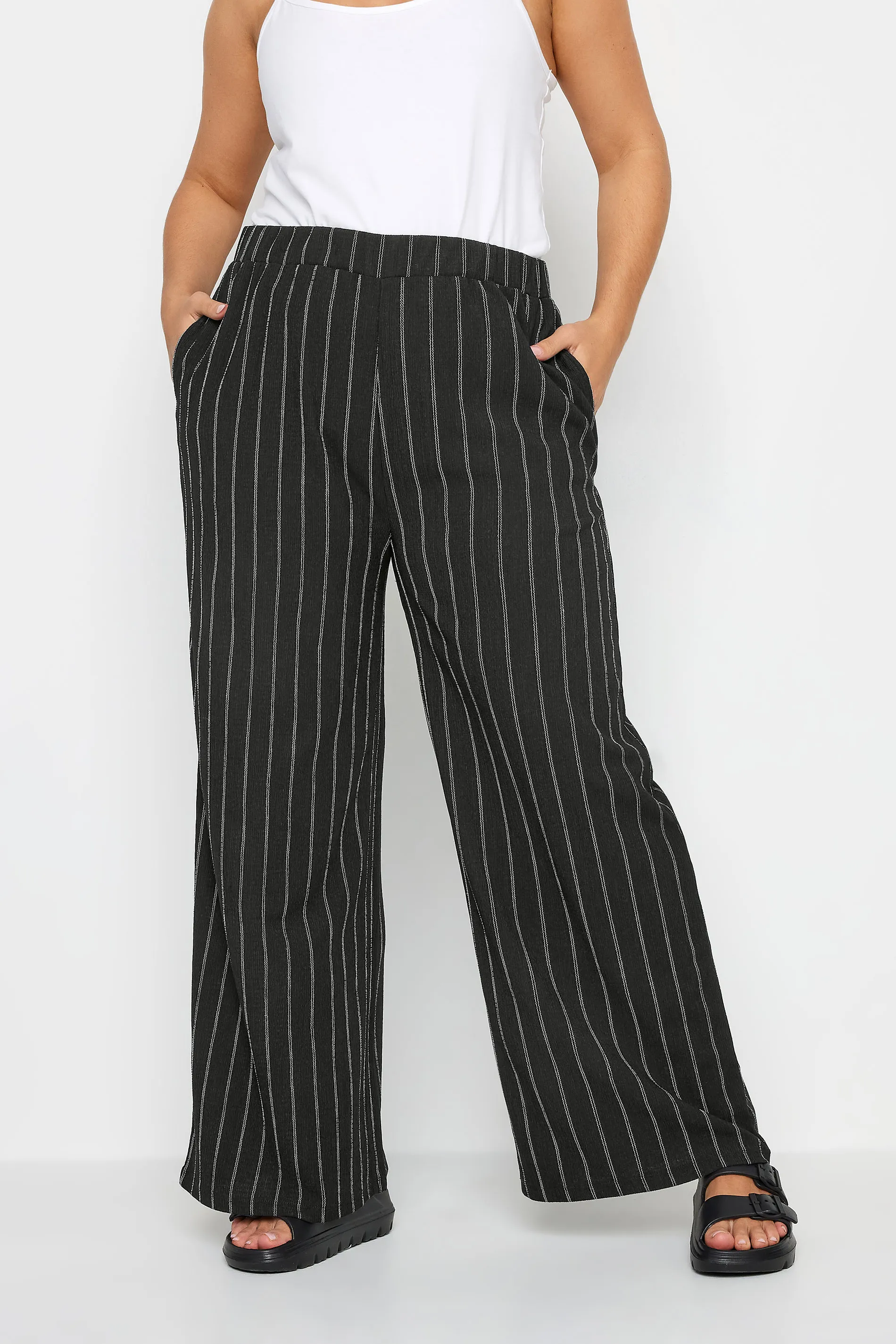 YOURS Curve Black Stripe Textured Wide Leg Trousers