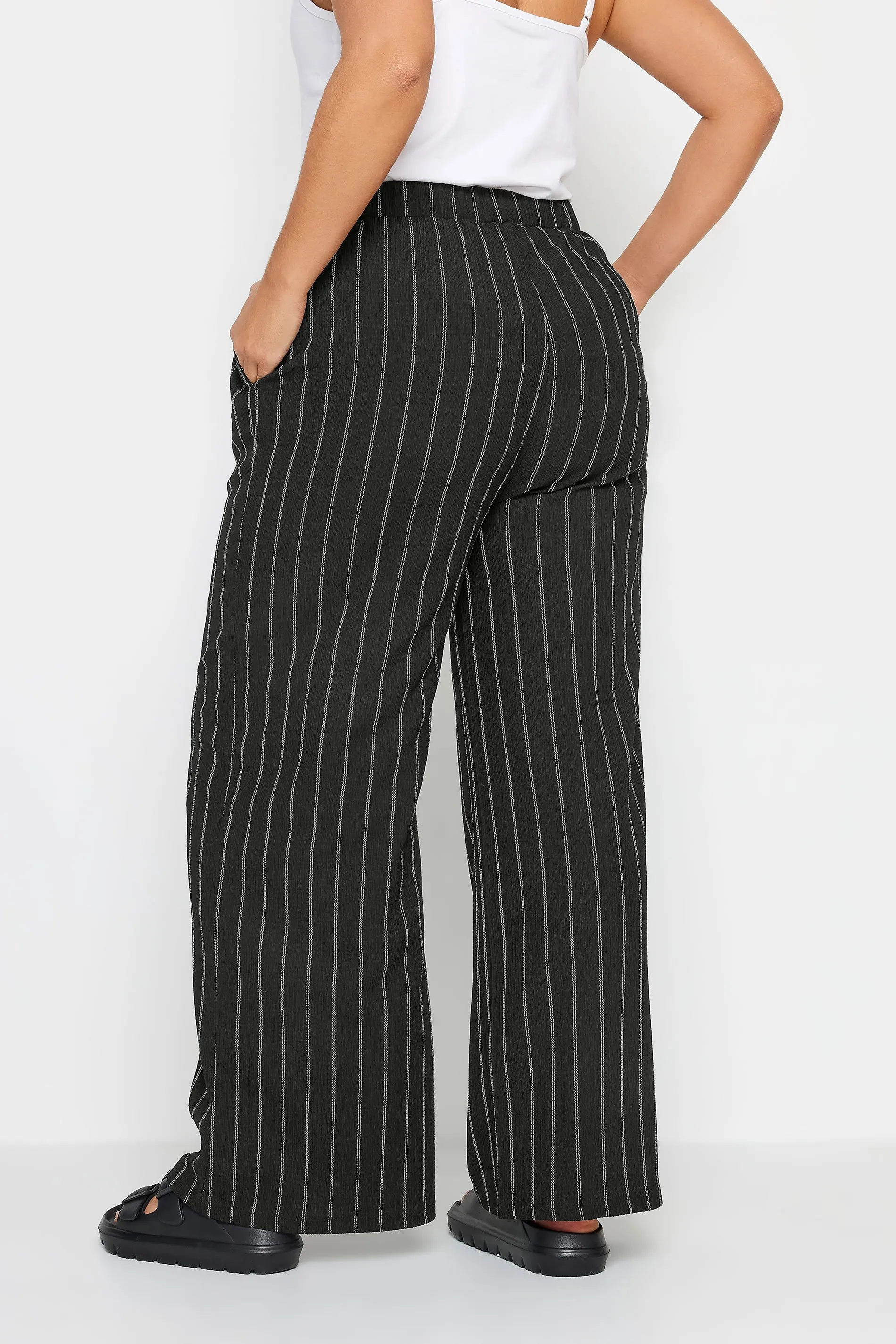 YOURS Curve Black Stripe Textured Wide Leg Trousers