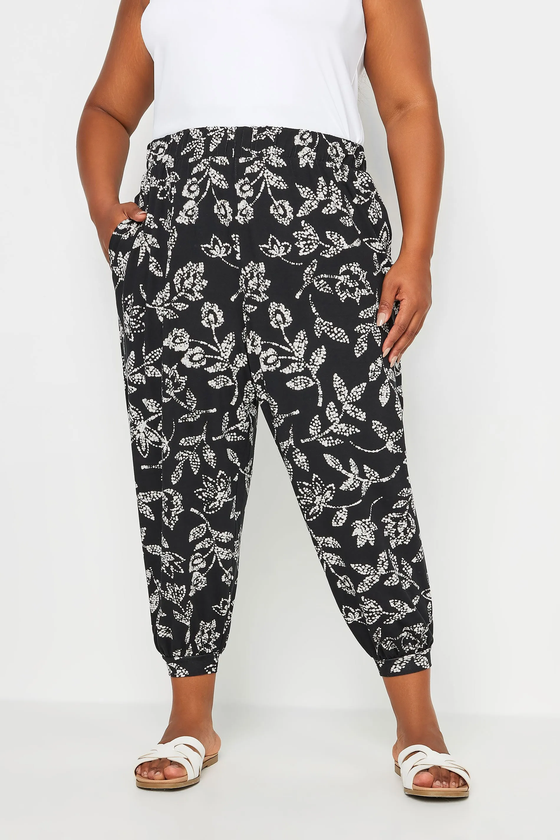 YOURS Curve Black Vine Print Cropped Harem Trousers