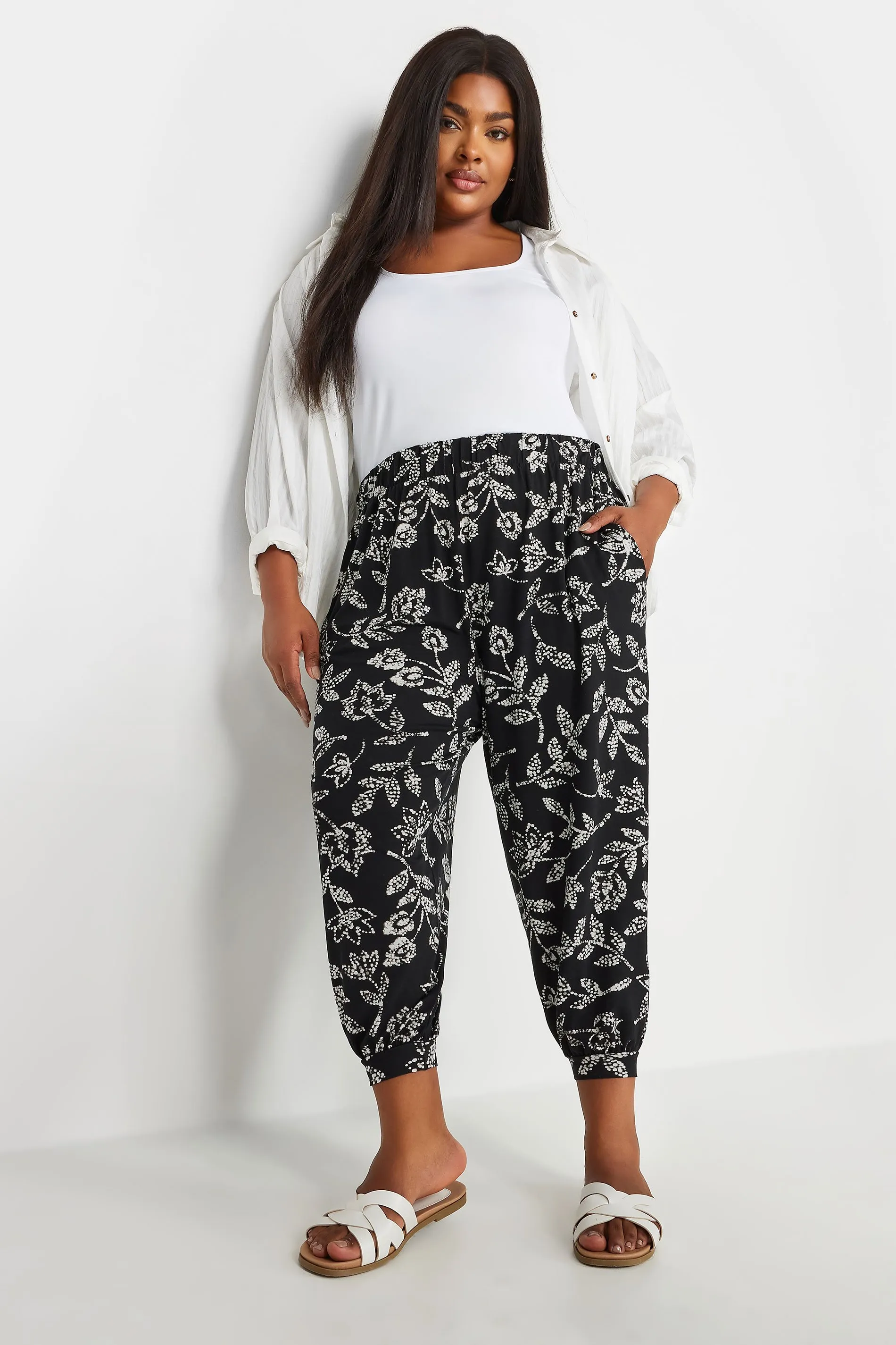 YOURS Curve Black Vine Print Cropped Harem Trousers