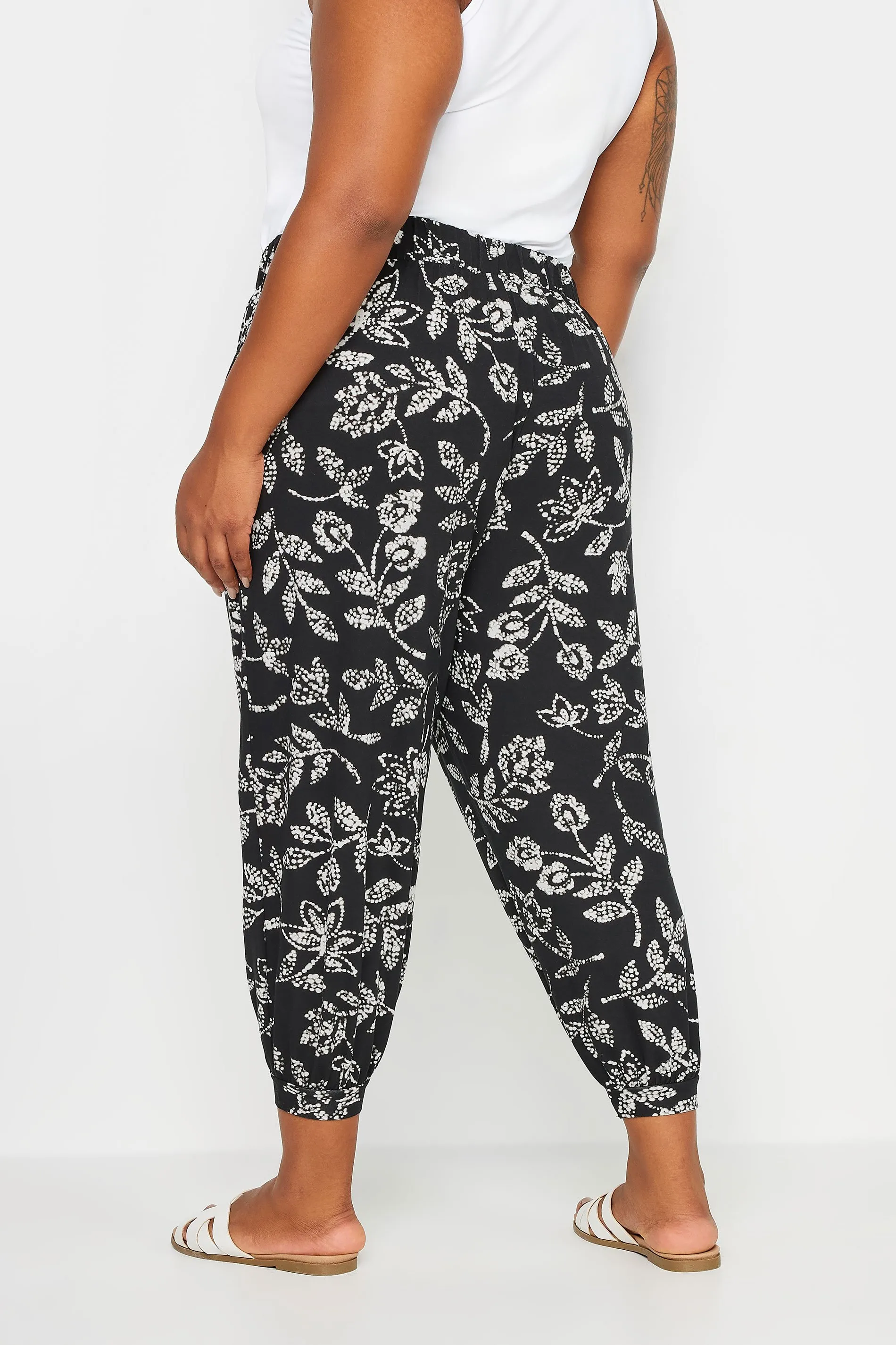 YOURS Curve Black Vine Print Cropped Harem Trousers