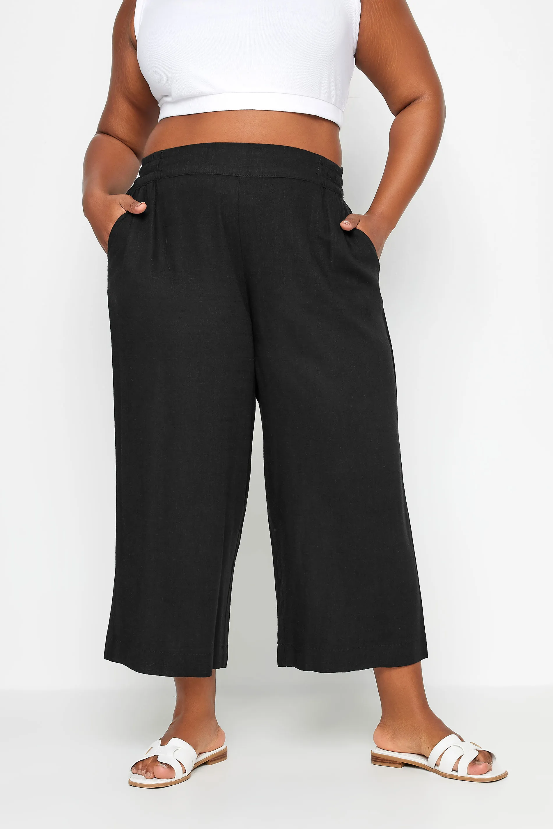 YOURS Curve Black Wide Leg Cropped Linen Trousers