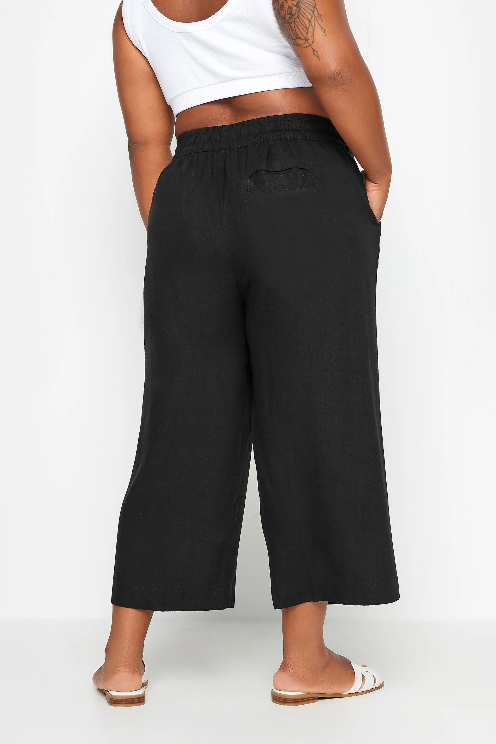 YOURS Curve Black Wide Leg Cropped Linen Trousers