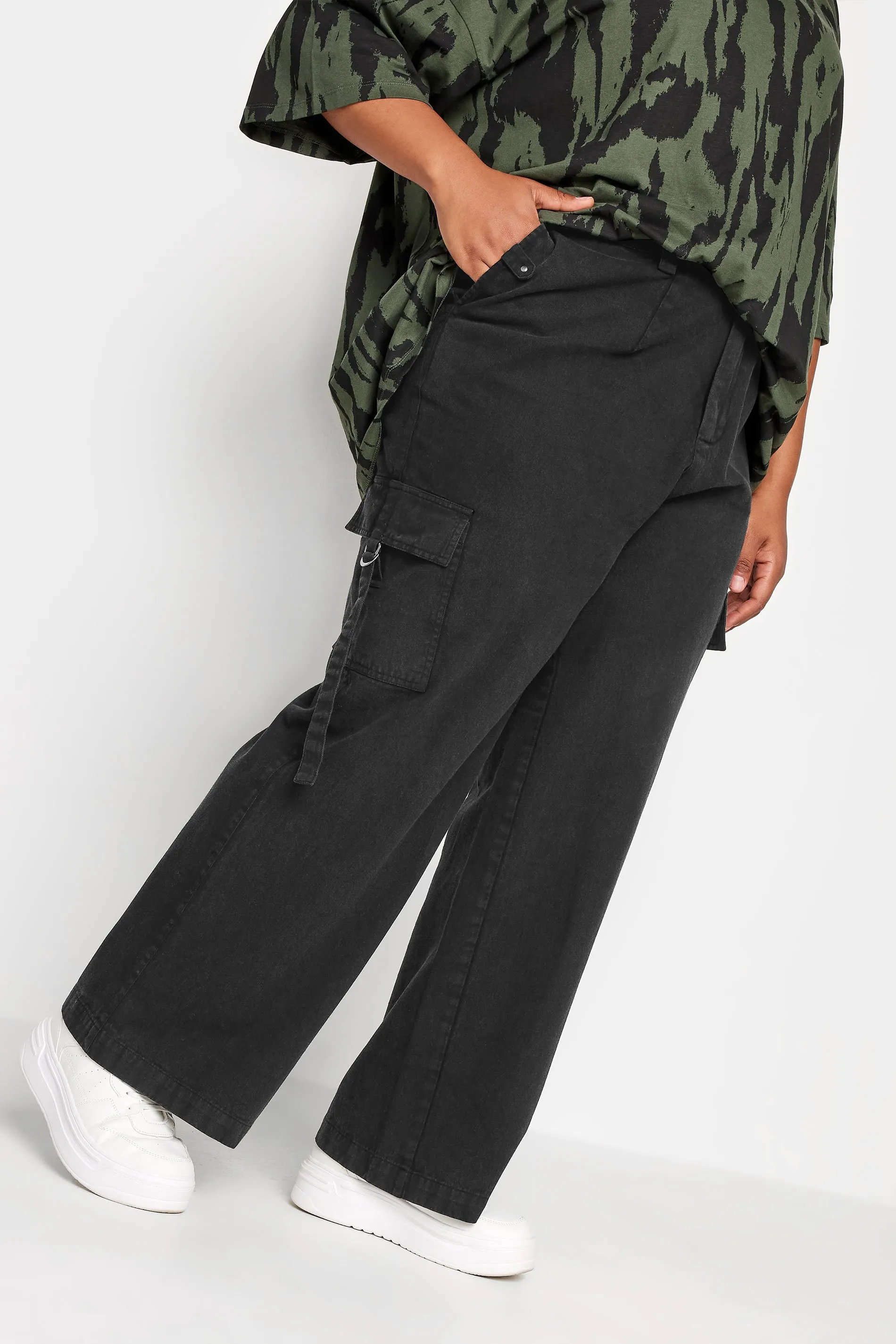 YOURS Curve Black Wide Leg Twill Cargo Trousers