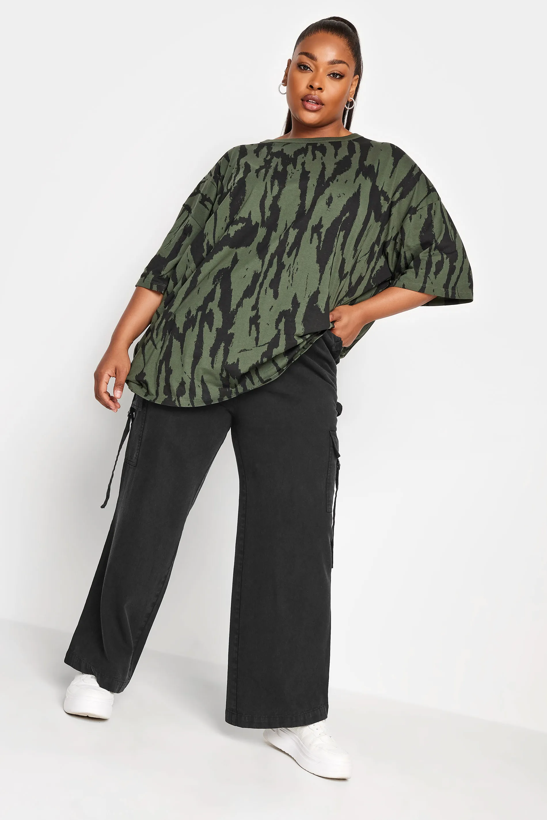 YOURS Curve Black Wide Leg Twill Cargo Trousers