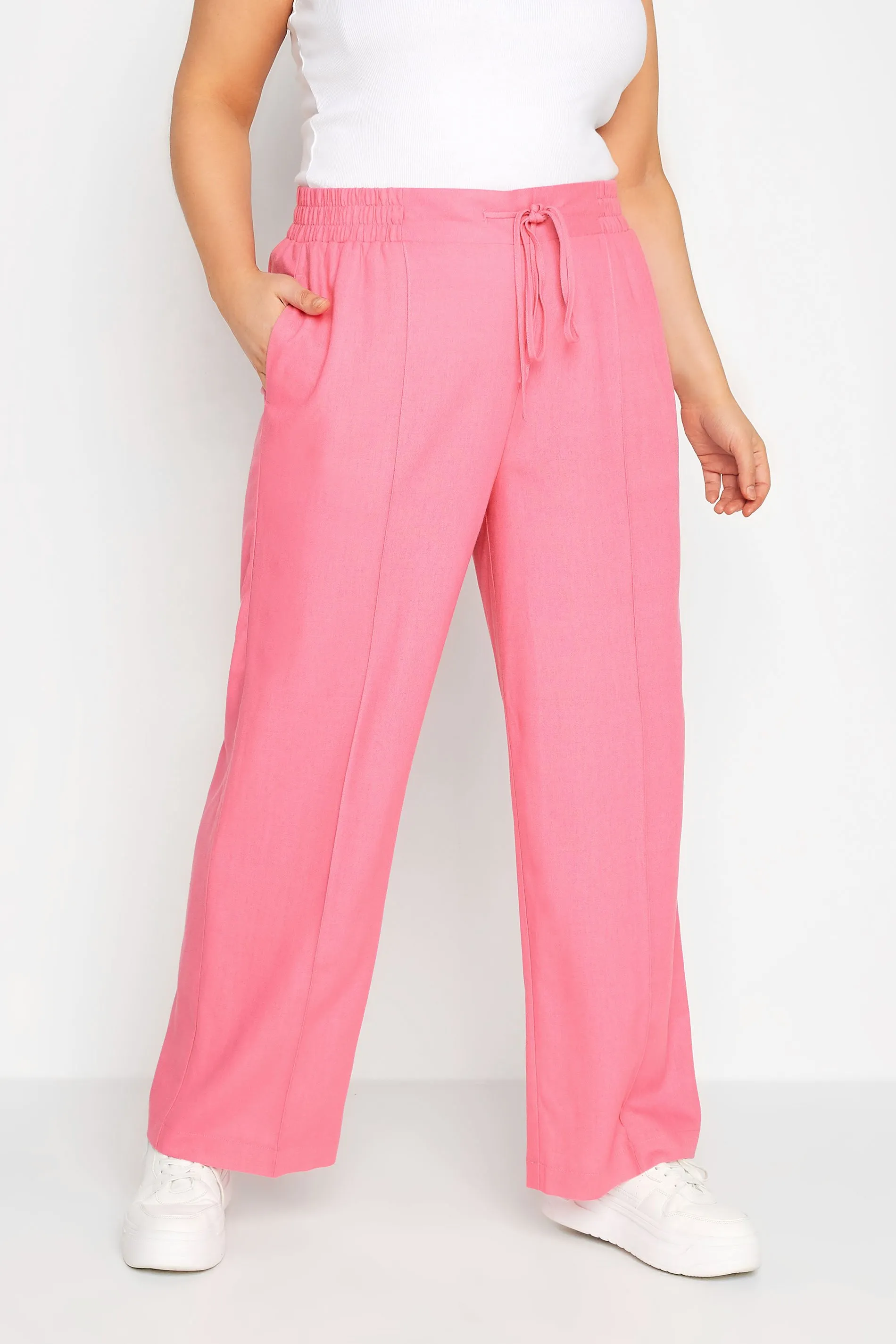 YOURS Curve Hot Pink Wide Leg Linen Trousers