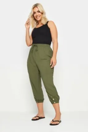 YOURS Curve Khaki Green Button Front Cropped Trousers