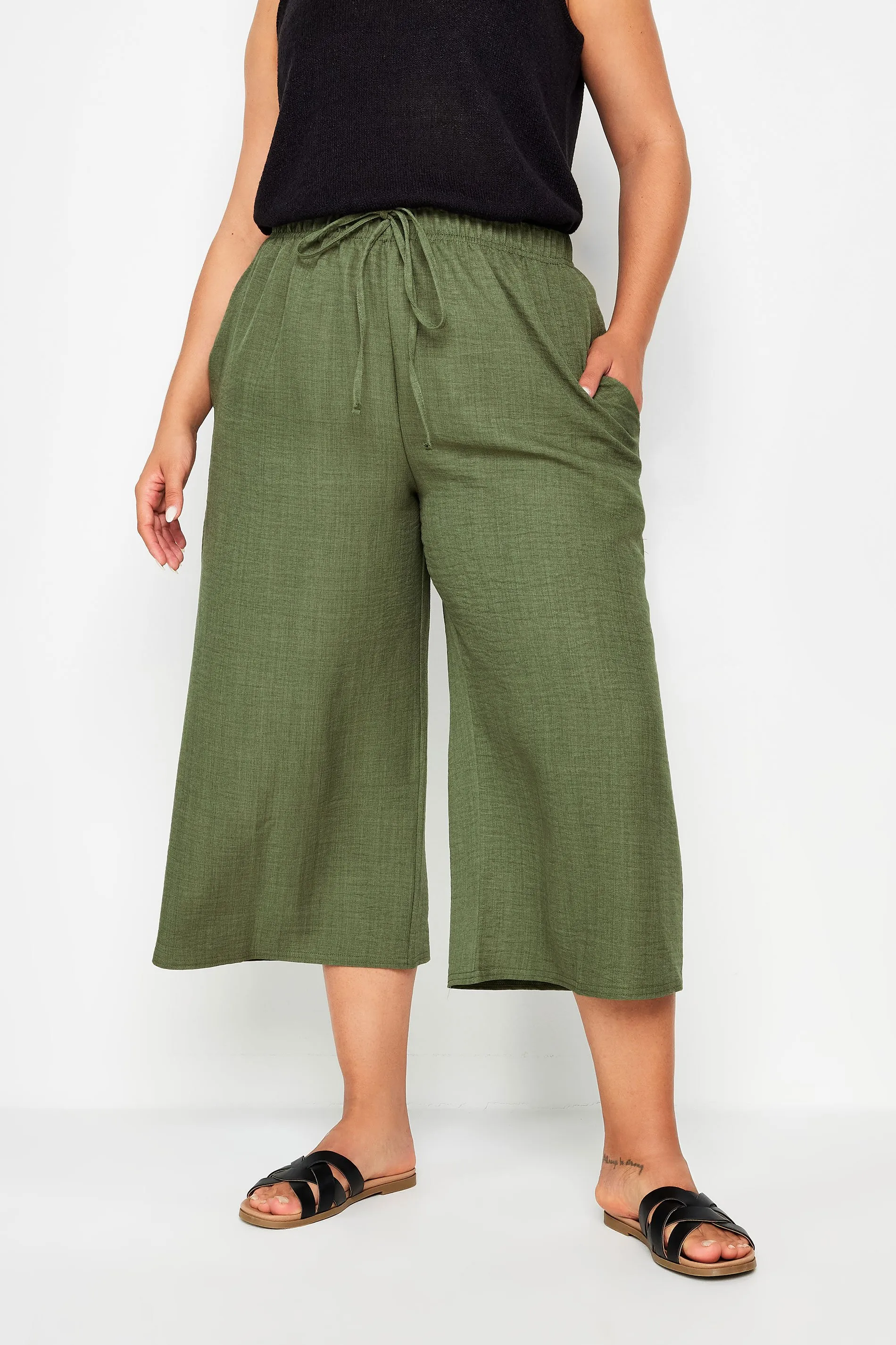 YOURS Curve Khaki Green Linen Look Cropped Trousers