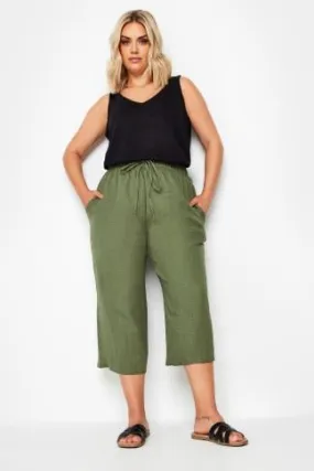 YOURS Curve Khaki Green Linen Look Cropped Trousers