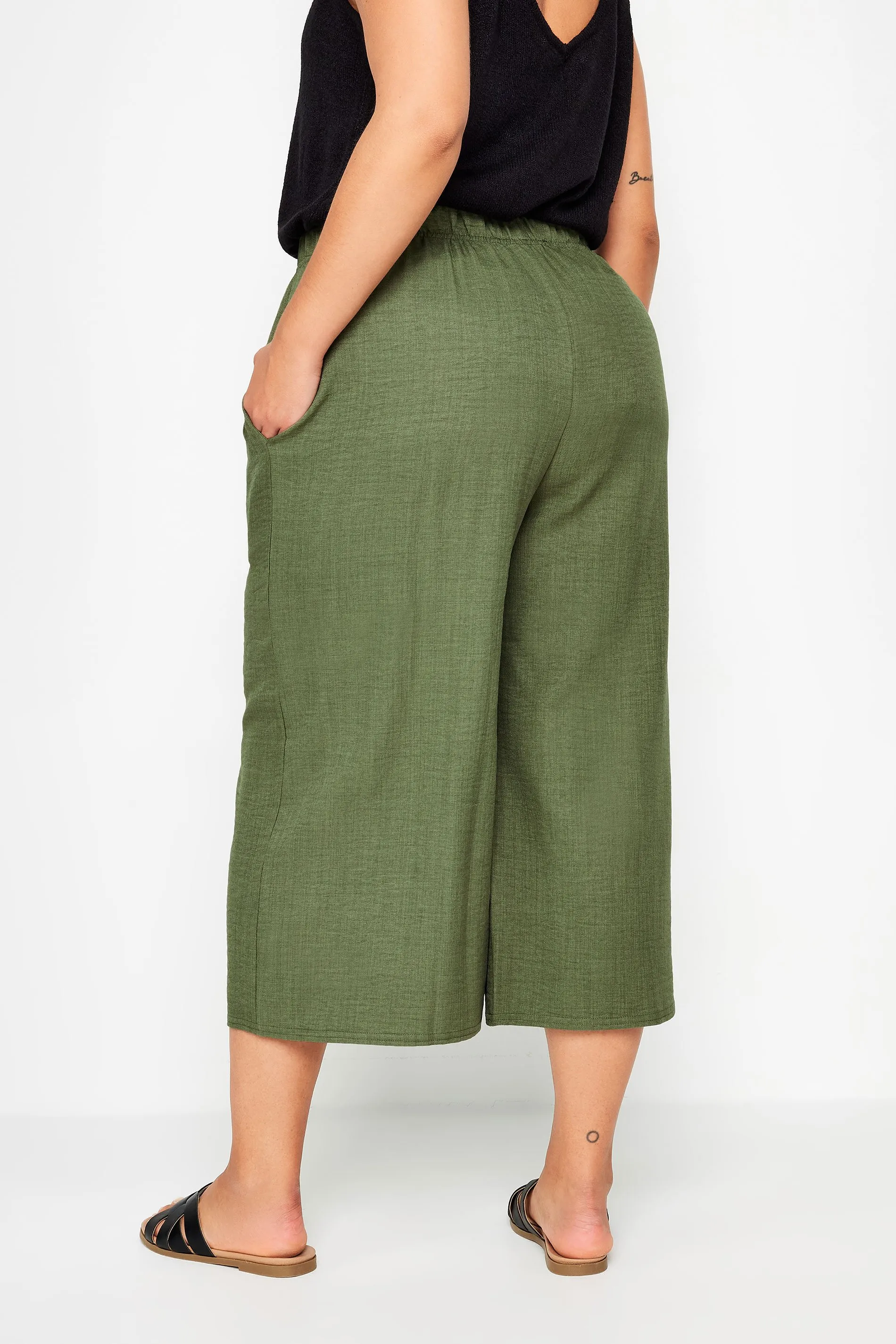 YOURS Curve Khaki Green Linen Look Cropped Trousers