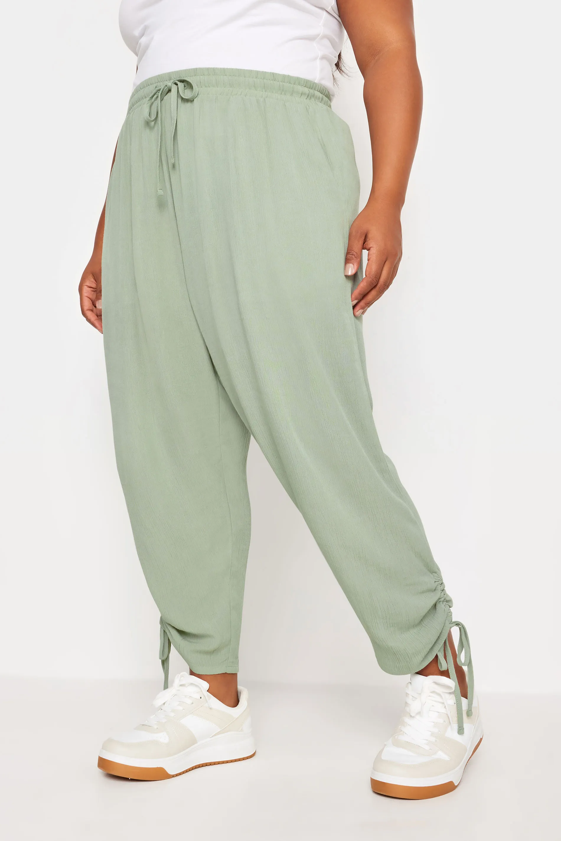 YOURS Curve Sage Green Crinkle Ruched Cropped Trousers