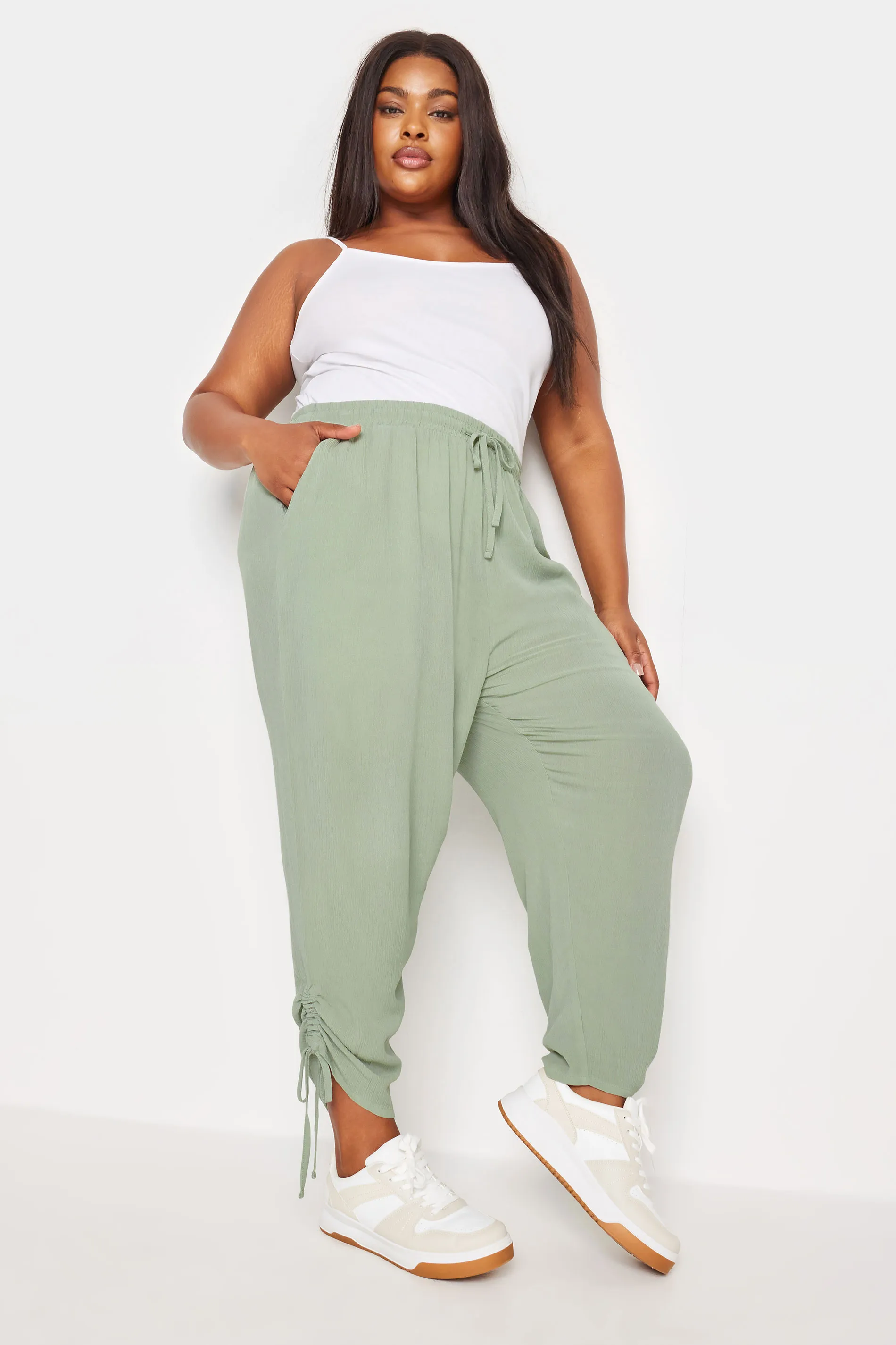 YOURS Curve Sage Green Crinkle Ruched Cropped Trousers